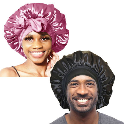 Picture of BONNET QUEEN 2Pcs Pack Silk Bonnet for Sleeping Satin Bonnet Hair Bonnet with Tie Band Sleep Bonnet Night Bonnets for Men Women Natural Hair