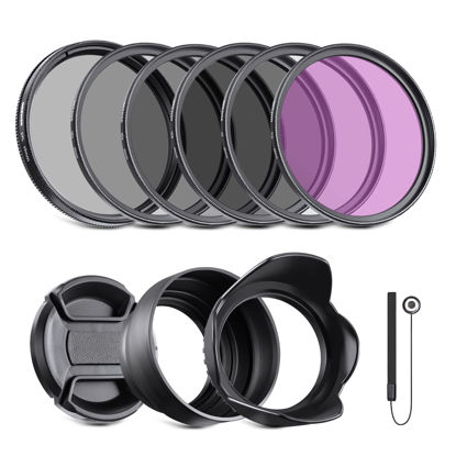 Picture of NEEWER 49mm ND2 ND4 ND8 UV CPL FLD Filter and Lens Accessories Kit with Snap on Lens Cap, Tulip Shaped Lens Hood, Collapsible Rubber Lens Hood, Filter Pouch, Safety Tether and Cleaning Cloth