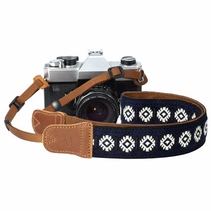 Picture of Camera Strap - 1.5" Cowhide Head Shoulder Neck Strap ,Retro Jacquard Embroidery Multi-pattern camera straps for Cameras and Binoculars,Cute Adjustable Thin Strap for Adults & Kids(Vintage Blue）