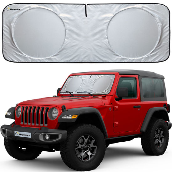 Picture of Magnelex Windshield Sun Shade for Jeep Wrangler, Rubicon, Gladiator. Reflective 240T Material Car Sun Visor with Mirror Cut-Out. Foldable Sun Shield for Sun Heat and UV Protection (X-Small)