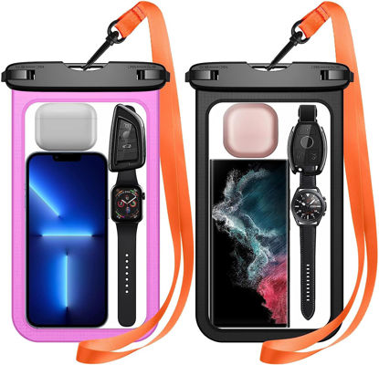 Picture of SUPFINE 2 Pcs Waterproof Phone Pouch, Large Waterproof Cell Phone Case, IPX8 Waterproof Dry Bag with Lanyard for iPhone 14 Pro Max/ 13/12/ 11/ Galaxy S23 Ultra S22 Swimming- Black/Purple-Pink