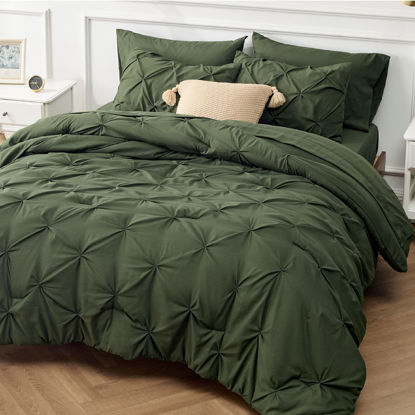 Picture of Bedsure King Size Comforter Set - Bedding Set King 7 Pieces, Pintuck Bed in a Bag Olive Green Bed Set with Comforter, Sheets, Pillowcases & Shams