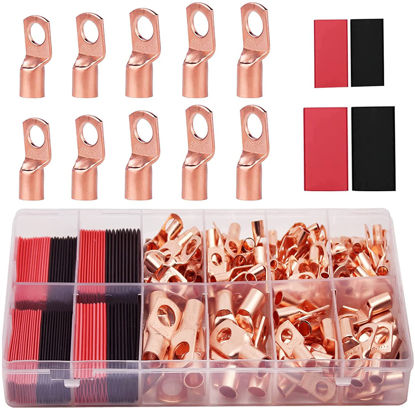 Picture of TKDMR 100Pcs Copper Wire Lugs AWG 6 8 10 12 with Heat Shrink Set, 50Pcs Battery Cable Lugs Battery Cable Ends Ring Terminals Connectors with 50Pcs Heat Shrink Tubing