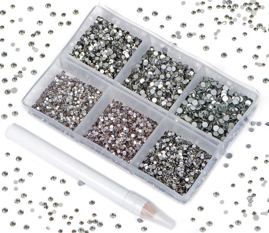 Picture of Bymitel 7200 Pieces 6 Mixed Sizes Glue Fix on Glass Rhinestones Round Crystal Gems Flatback for DIY Jewelry Making with one Picking Pen(6-Sizes 7200PCS, Black Diamond)