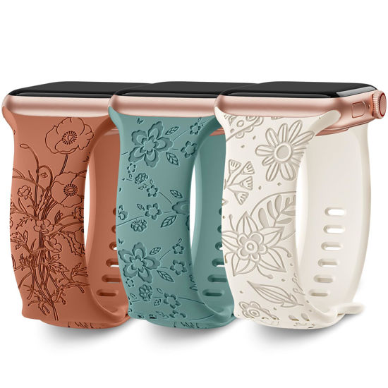 Picture of 3 Pack Floral Engraved Bands Compatible with Apple Watch Band 40mm 41mm 38mm 42mm 44mm 45mm 49mm Women,Soft Silicone Cute Wildflowers Sport Laser Strap for iWatch Bands Series Ultra SE 8 6 5 4 3 2 1