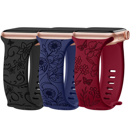 Picture of 3 Pack Floral Engraved Bands Compatible with Apple Watch Band 40mm 41mm 38mm 42mm 44mm 45mm 49mm Women,Soft Silicone Cute Wildflowers Sport Laser Strap for iWatch Bands Series Ultra SE 8 6 5 4 3 2 1