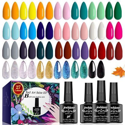 Picture of JEWHITENY 30PCS Nail Polish Kit 27 Colors Green Blue Pink Orange Gitter Sock Off Gel Polish with Matte& Glossy Top Base Coat for DIY Nail Art Manucure at Home Salon