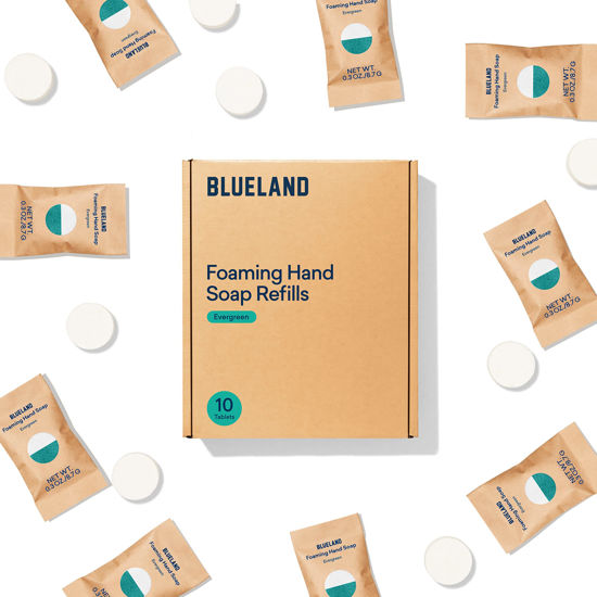 Picture of BLUELAND Foaming Hand Soap Refills - 10 Pack Tablets, Evergreen Scent, Eco Friendly Hand Soap and Cleaning Products - Makes 10 x 9 Fl oz bottles (90 Fl oz total)