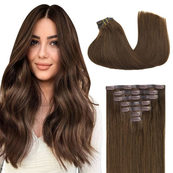 Picture of GOO GOO Seamless Clip In Hair Extensions Remy Real Human Hair Extension with Invisible PU Skin Weft 14inch Chocolate Brown Natural & Thick & Straight Hair Extensions for Women