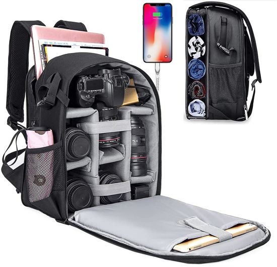 Picture of Cwatcun Camera Backpack with Extra Storage, DSLR SLR Water Resistant Camera Bag with 15.6" Laptop Compartment Fits Canon Nikon Sony Camera, Camera Case with Tripod Holder for Women Men Photographer