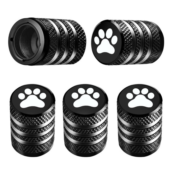 Picture of Tire Valve Stem Cap Cover - (5 Pack) Tire Air Caps Metal with Plastic Liner Corrosion Resistant Leak-Proof Cat/Dog Paw for Car Truck Motorcycle Bike Black