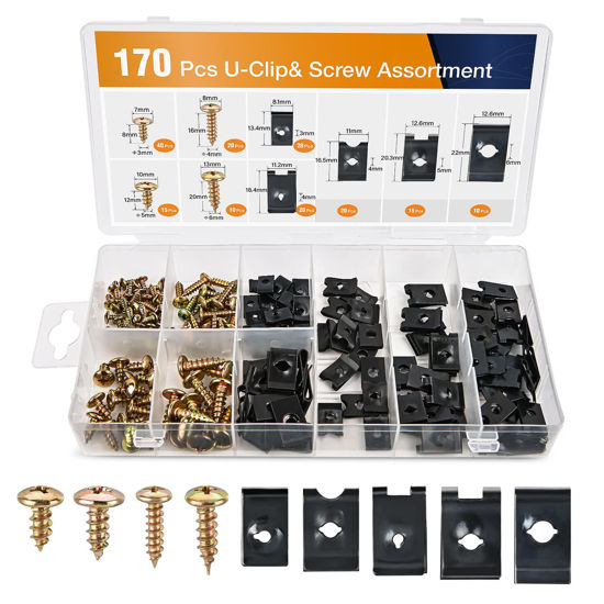 Picture of GOOACC 170Pcs Car U-Clip and Screw Assortment Kit 9 Different Sizes Automotive U Nut and Screw Clip Replacement Parts for Dash Door Panel Interior