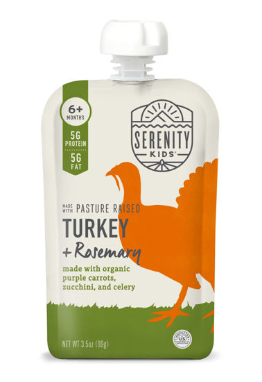 Picture of Serenity Kids 6+ Months Baby Food Pouches Puree Made With Ethically Sourced Meats & Organic Veggies | 3.5 Ounce BPA-Free Pouch | Pasture Raised Turkey & Rosemary, Purple Carrot, Zucchini | 6 Count