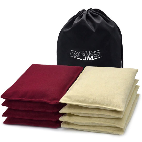 Picture of JMEXSUSS Weather Resistant Standard Corn Hole Bags, Set of 8 Regulation Professional Cornhole Bags for Tossing Game,Corn Hole Beans Bags with Tote Bag(Burgundy/White)