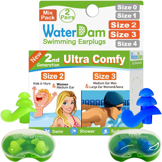 Picture of WaterDam Upgraded Swimming Ear Plugs No Hurt No Pain Ultra Comfy Great Waterproof Prevent Swimmer's Ear (Size 2+3: Small Medium Ear Men (Green) & Medium Large Ear Teens Women (Blue))