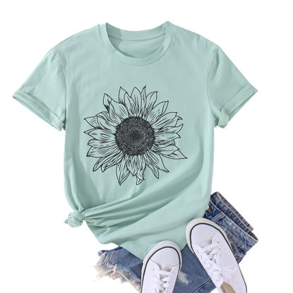 Picture of GLIGLITTR Women's Summer Sunflower T Shirt Cute Flower Graphic Loose Tees Crew Neck Short Sleeve Casual Tops (Light Green-A, XX-Large)