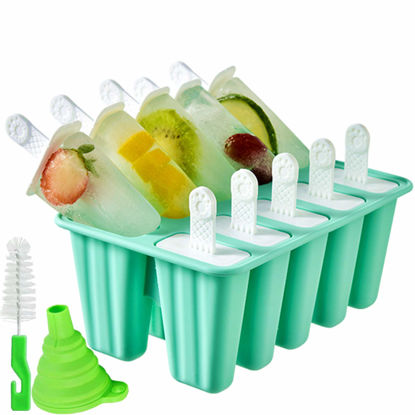 Picture of Popsicle Molds 10 Pieces Silicone Ice Pop Molds Popsicle Mold Reusable Easy Release Ice Pop Maker(10 Cavities-Green)