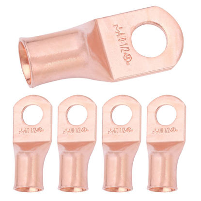 Picture of SELTERM 5pcs 4/0 AWG 1/2" Stud Copper Wire Lugs, Battery Lugs, Ring Terminals, Battery Cable Ends, 0000 Gauge Ring Terminal Connectors, UL Heavy Duty Bare Copper Eyelets Battery Terminal Connectors