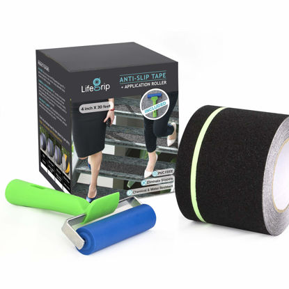 Picture of Anti Slip Traction Tape with Glow in Dark Green Stripe and Free Application Roller, 4 Inch x 30 Foot - Best Grip, Friction for Stairs, Tread Step, Black (4 inch X 30 feet Tape + Roller)