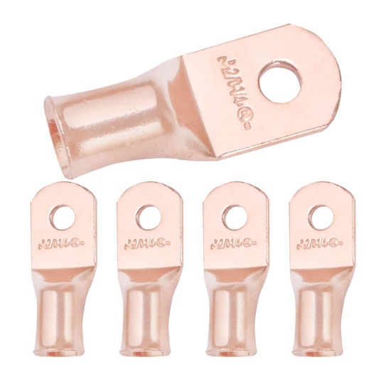 Picture of SELTERM 5pcs 2/0 AWG 1/4" Stud Copper Wire Lugs, Battery Lugs, Ring Terminals, Battery Cable Ends, 00 Gaug Ring Terminal Connectors, UL Heavy Duty Bare Copper Eyelets Battery Terminal Connectors