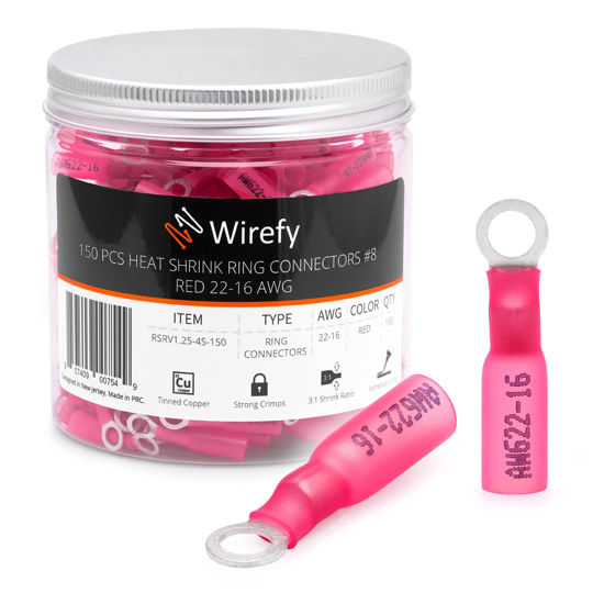 Picture of Wirefy 150 PCS Heat Shrink Ring Terminals #8 - Marine Grade Ring Connectors - Eyelet Wire Connectors - Red 22-16 AWG