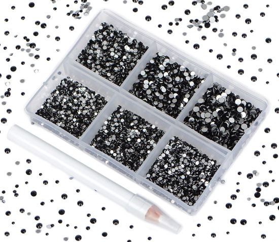 Picture of Bymitel 7200 Pieces 6 Mixed Sizes Glue Fix on  Glass Rhinestones Round Crystal Gems Flatback for DIY Jewelry Making with one Picking Pen(Mix: SS3-SS10/7200PCS, Black)