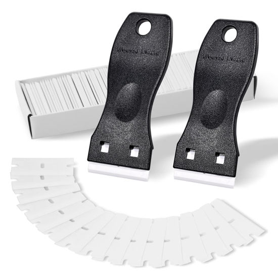 Picture of FOSHIO 2PCS Plastic Razor Blade Scraper Tool and 100PCS Plastic Blades for Gasket Remover, Sticker Remover, Labels Decal and Adhesive Remover for Windows and Glass (Dark Black)