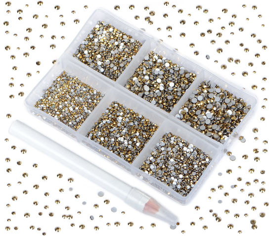 Picture of Bymitel 7200 Pieces 6 Mixed Sizes Glue Fix on Glass Rhinestones Round Crystal Gems Flatback for DIY Jewelry Making with one Picking Pen (6-Sizes 7200PCS, Aurum)