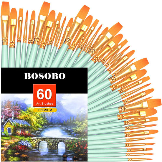 Picture of BOSOBO Paint Brushes Set, 6 Pack 60 Pcs Round Pointed Tip Paintbrushes Nylon Hair Artist Acrylic Paint Brushes for Acrylic Oil Watercolor, Face Nail Art, Miniature Detailing & Rock Painting, Green