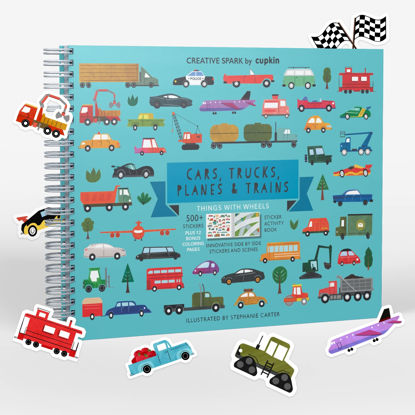 Picture of Cars, Trucks, Planes & Trains Activity Book by Cupkin: Innovative Side by Side Sticker Books - Spiral Binding Allows The Car Sticker Book to Lay Flat - Over 500 Stickers and 12 Scenes for Kids 4-8