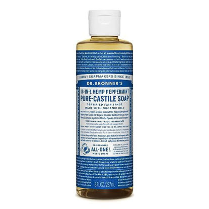 Picture of Dr. Bronner's - Pure-Castile Liquid Soap (Peppermint, 8 Ounce) - Made with Organic Oils, 18-in-1 Uses: Face, Body, Hair, Laundry, Pets and Dishes, Concentrated, Vegan, Non-GMO