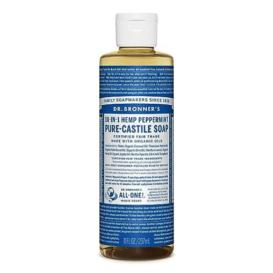 Picture of Dr. Bronner's - Pure-Castile Liquid Soap (Peppermint, 8 Ounce) - Made with Organic Oils, 18-in-1 Uses: Face, Body, Hair, Laundry, Pets and Dishes, Concentrated, Vegan, Non-GMO