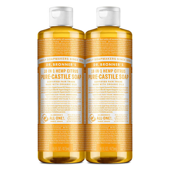 Picture of Dr. Bronnerâ€™s - Pure-Castile Liquid Soap - Made with Organic Oils, 18-in-1 Uses: Face, Body, Hair, Laundry, Pets and Dishes, Concentrated, Vegan, Non-GMO, 16 Fl Oz (Pack of 2)