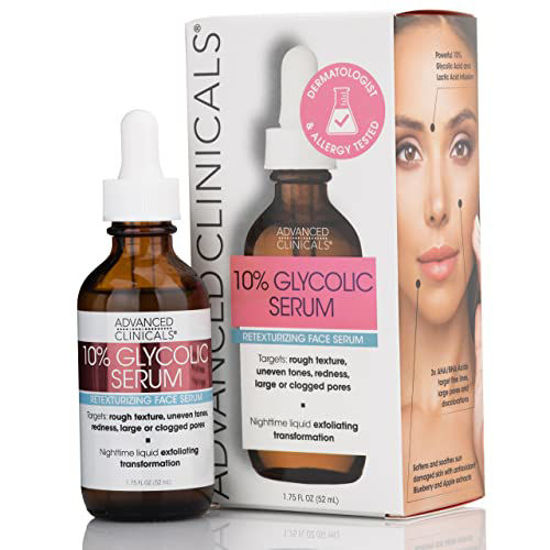 Picture of Advanced Clinicals 10% Glycolic Acid Peel Serum + Salicylic Acid Skin Care Treatment For Face. Gentle Facial Formula Targets Fine Lines, Large Pores, & Age Spots. 1.75 FL Oz