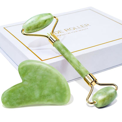 Picture of BAIMEI Jade Roller & Gua Sha Facial Tools Face Roller and Gua Sha Set for Skin Care Routine and Puffiness - Green