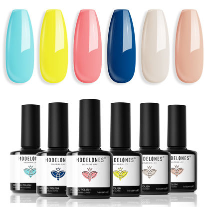 Picture of modelones Gel Nail Polish Set- 6 Summer Vibrant Colors Gel Polish Navy Blue Bright Mint Green Neon Yellow Nail Polish Gel Pink Nude LED Gel Nail Kit Soak Off Popular Nail Art Gifts for Women DIY Salon