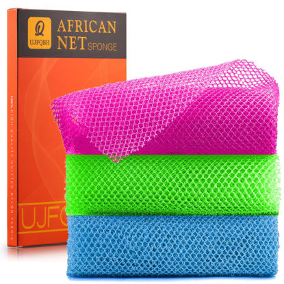 Picture of 3 Pieces African Bath Sponge African Net Long Net Bath Sponge Exfoliating Shower Body Scrubber Back Scrubber Skin Smoother,Great for Daily Use (Rose Red, Blue, Green)