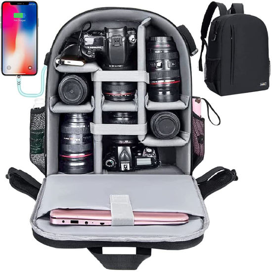 Picture of Cwatcun Camera Backpack with USB,Rain Cover,fit 15.6" Laptop,Anti-Theft Rear Open Camera Bag,Waterproof Camera Case with Tripod Straps for Canon Nikon Sony DSLR SLR Photography Bag Unisex(III-S-Black)