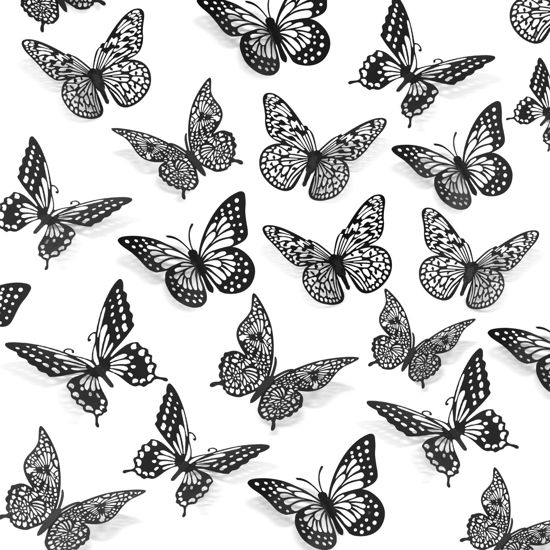 Picture of SAOROPEB 3D Butterfly Wall Decor 48 Pcs 4 Styles 3 Sizes-Butterfly Birthday Decorations&Butterfly Party Decorations&Butterfly Cake Decorations-Removable Gold Butterfly Decorations (Black)