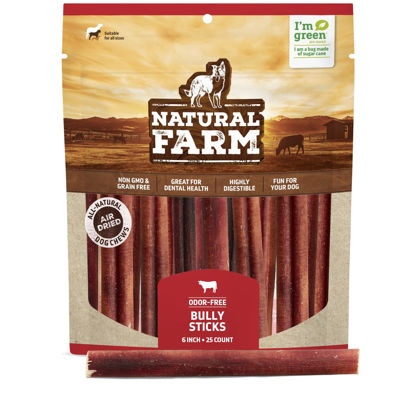 Picture of Natural Farm Odor-Free Bully Sticks (6 Inch, 25 Pack), 1.3 lb. Bag, Fully Digestible 100% Beef Pizzle Chews, Grass-Fed, Non-GMO, Grain-Free, Natural Long-Lasting Chews for Small & Large Dogs