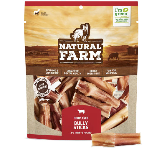 Picture of Natural Farm Odor Free Bully Sticks (2-3 Inch, 1 Pound) for Small & Medium Dogs - 100% Beef Chews for Pups, Non-GMO, Grain-Free, Fully Digestible Long Lasting Dog Treats