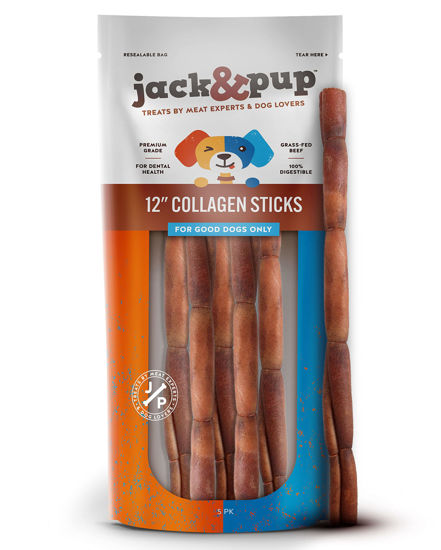 Picture of Jack&Pup 12" Beef Collagen Sticks for Dogs, Rawhide Free Dog Chews Long Lasting Collagen Chews for Dogs Healthy Dog Treats for Medium Dogs, Joint Support for Dogs | Bully Sticks Alternative (5 Pack)