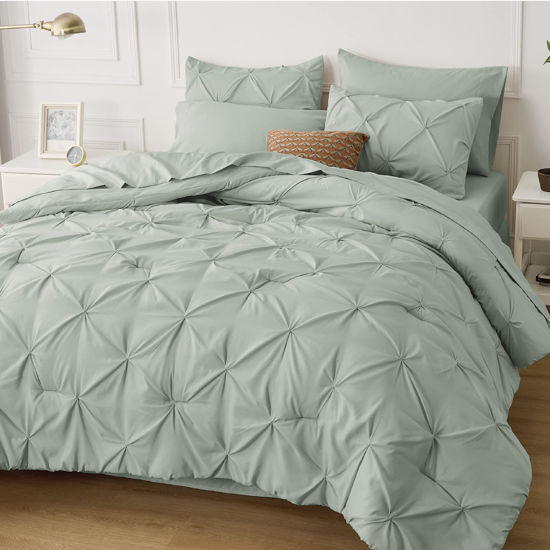 Picture of Bedsure California King Comforter Set - Cal King Bed Set 7 Pieces, Pinch Pleat Green Cali King Bedding Set with Comforter, Sheets, Pillowcases & Shams