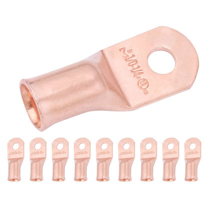 Picture of SELTERM 10pcs 1/0 AWG - 1/4" Stud - Battery Lugs, Heavy Duty Wire Lugs, Ring Terminals, Battery Cable Ends,0 Gauge Terminals, UL Bare Copper Eyelets Electrical Battery Terminal Connectors