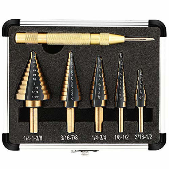 Picture of COMOWARE Step Drill Bit Set & Automatic Center Punch- Black and Gold, Double Cutting Blades, High Speed Steel, Short Length Drill Bits Set of 5 pcs, Total 50 Sizes with Aluminum Case