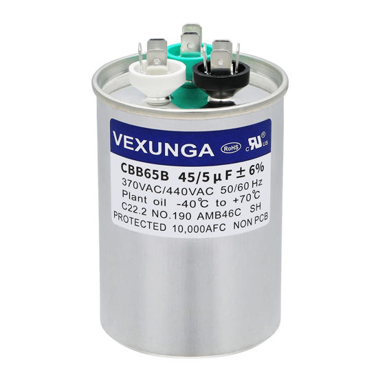 Picture of VEXUNGA 45/5 uF 45+5 MFD 370V or 440V Dual Run Start Round A/C Capacitor 45 5 uF 370 440 Volt VAC CBB65B Air Conditioner Capacitors for AC Unit Fan Motor Start or Heat Pump or Condenser Straight Cool