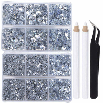 Picture of LPBeads 6400 Pieces Hotfix Rhinestones Clear Flat Back 5 Mixed Sizes Crystal Round Glass Gems with Tweezers and Picking Rhinestones Pen