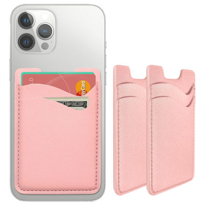 Picture of Phone Card Holder, Leather Phone Wallet Stick On, Stretchy Card Holder for Back of Phone Credit Card Holder for Phone Case Compatible with Most Cell Phone (iPhone, Samsung) - 2Pack Pink