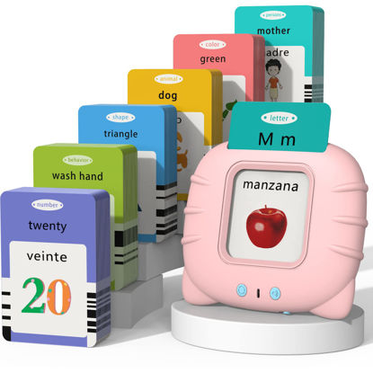 Picture of Startcan Spanish & English Talking Flash Cards for Toddlers 1 2 3 4 5 6, Audible Toys for Kids to Learn Spanish - 258 Cards and 516 Words(Pink)