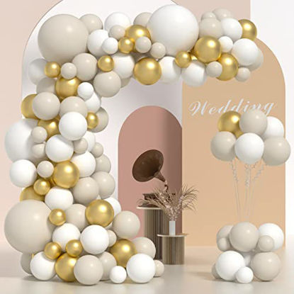 Picture of Janinus White Gold And Sand Balloon Garland Kit 130pcs Neutral Balloon Garland White And Gold Balloon Arch With Nude Balloons Boho Balloon Garland For Baby Bride Shower Birthday Party Decorations